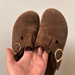 Papillo birkenstock Brown Suede Women's Shoes with Gold Buckle